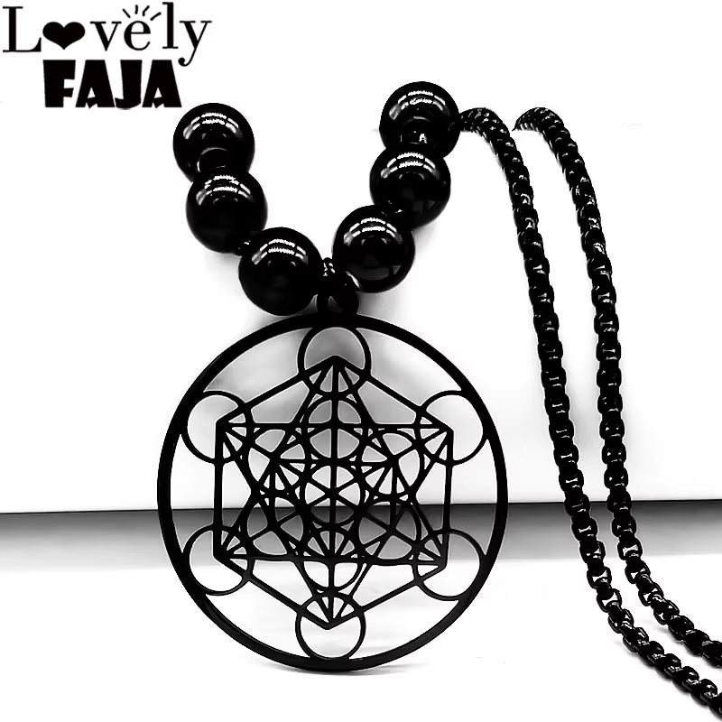 2024 Flower of Life Yoga Stainless Steel Necklaces for Men Black Color Bead Chain Necklace Jewerly Colgante Hombre N620S03