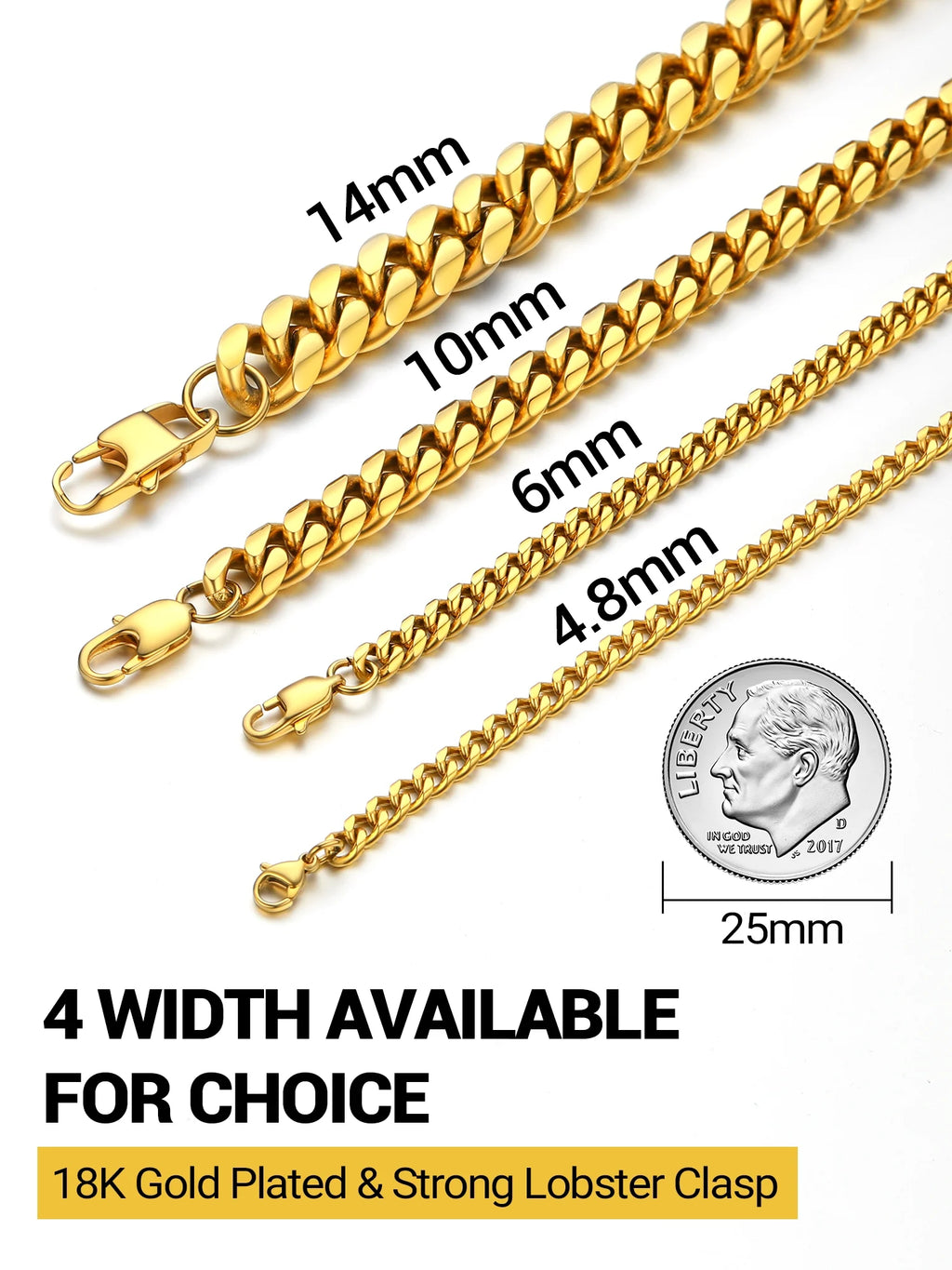 Gold Plated Bracelet for Men Chunky Cuban Bracelet 10MM 7.5 Inch Chain Bracelet Stainless Steel Gift for Him