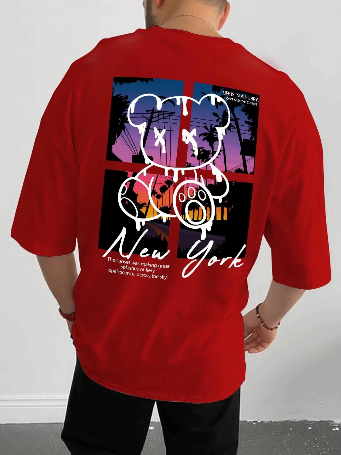 New York Art Word Cartoon Bear Sunset Scenery Design T Shirts Men Fashion Cotton Shirt Loose Summer T Shirts Oversized Tee
