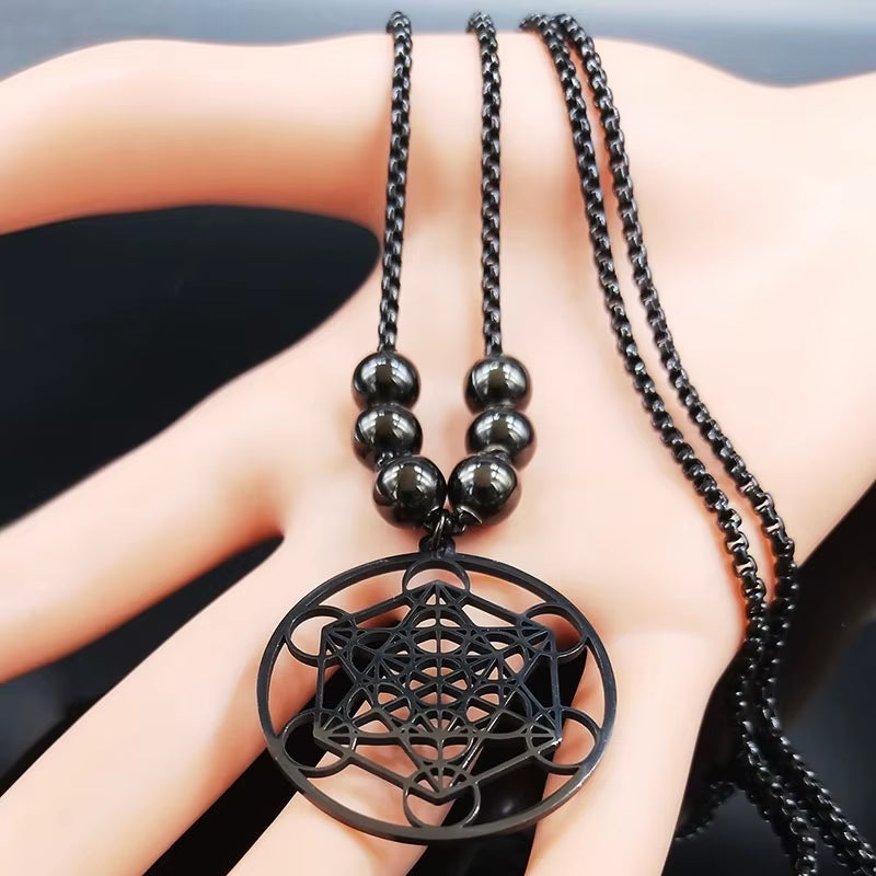 2024 Flower of Life Yoga Stainless Steel Necklaces for Men Black Color Bead Chain Necklace Jewerly Colgante Hombre N620S03