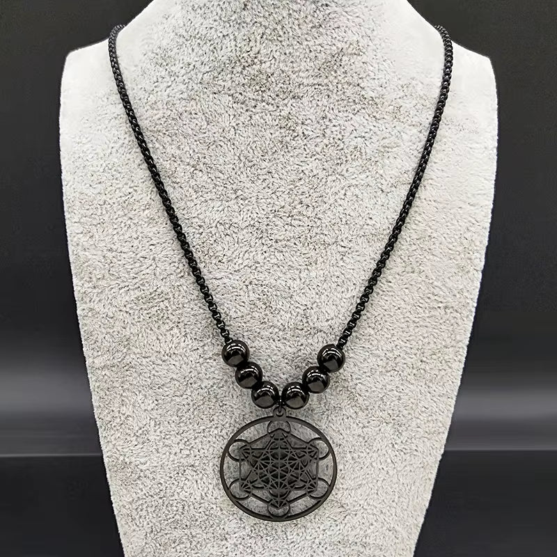 2024 Flower of Life Yoga Stainless Steel Necklaces for Men Black Color Bead Chain Necklace Jewerly Colgante Hombre N620S03