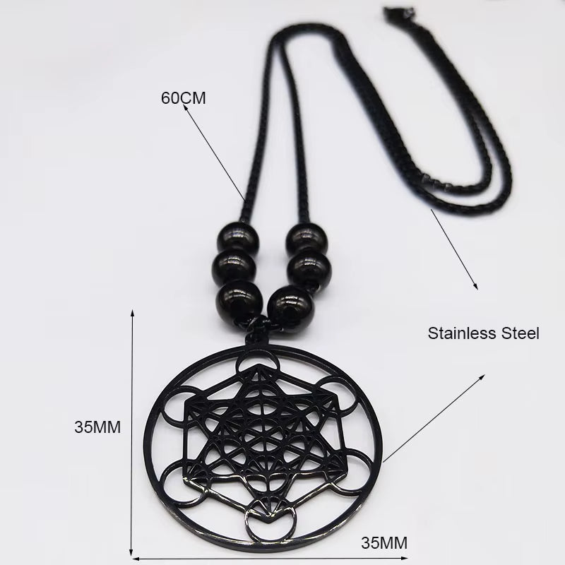 2024 Flower of Life Yoga Stainless Steel Necklaces for Men Black Color Bead Chain Necklace Jewerly Colgante Hombre N620S03