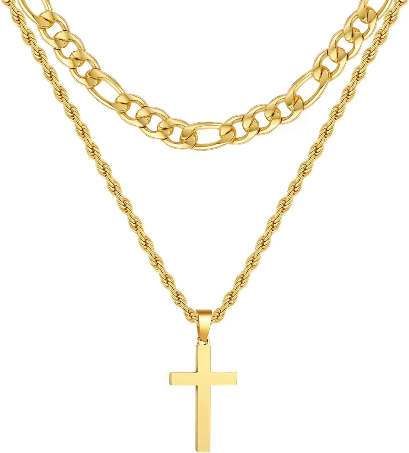 Layered Gold Cross Necklaces for Men Boys Stainless Steel Figaro Twist Rope Pendant Chain Necklaces Set Graduation Christian Religious Birthday Jewelry Gifts Ideas Dad Son Teen Teenage Kids