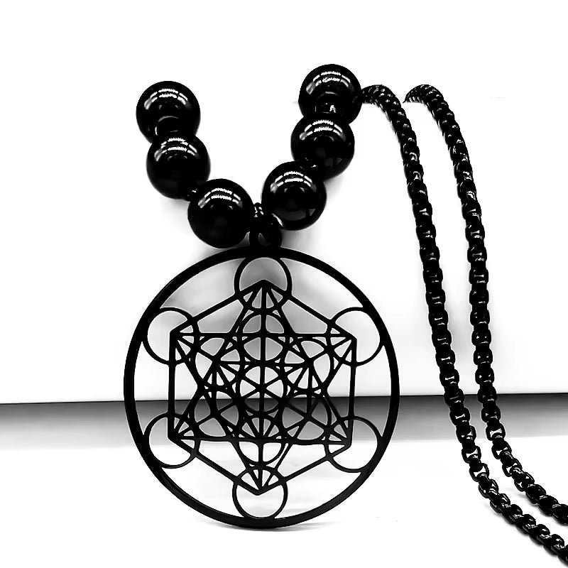 2024 Flower of Life Yoga Stainless Steel Necklaces for Men Black Color Bead Chain Necklace Jewerly Colgante Hombre N620S03