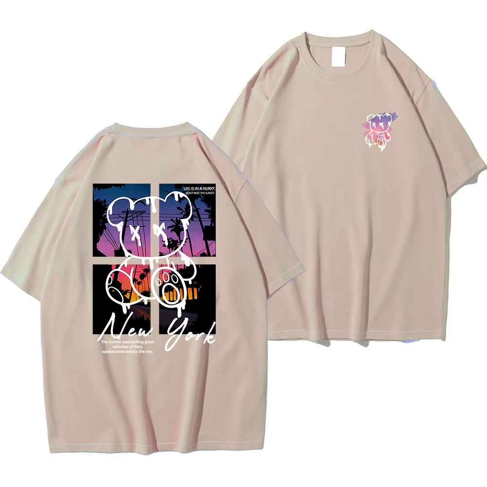 New York Art Word Cartoon Bear Sunset Scenery Design T Shirts Men Fashion Cotton Shirt Loose Summer T Shirts Oversized Tee