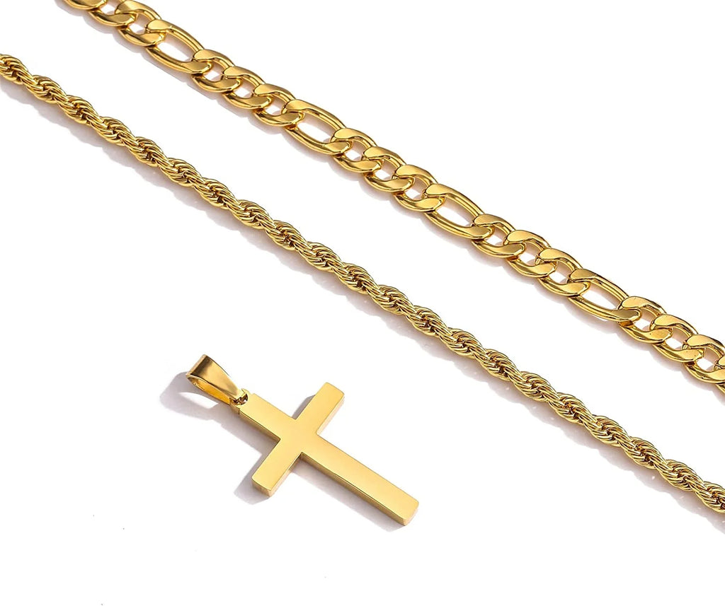 Layered Gold Cross Necklaces for Men Boys Stainless Steel Figaro Twist Rope Pendant Chain Necklaces Set Graduation Christian Religious Birthday Jewelry Gifts Ideas Dad Son Teen Teenage Kids