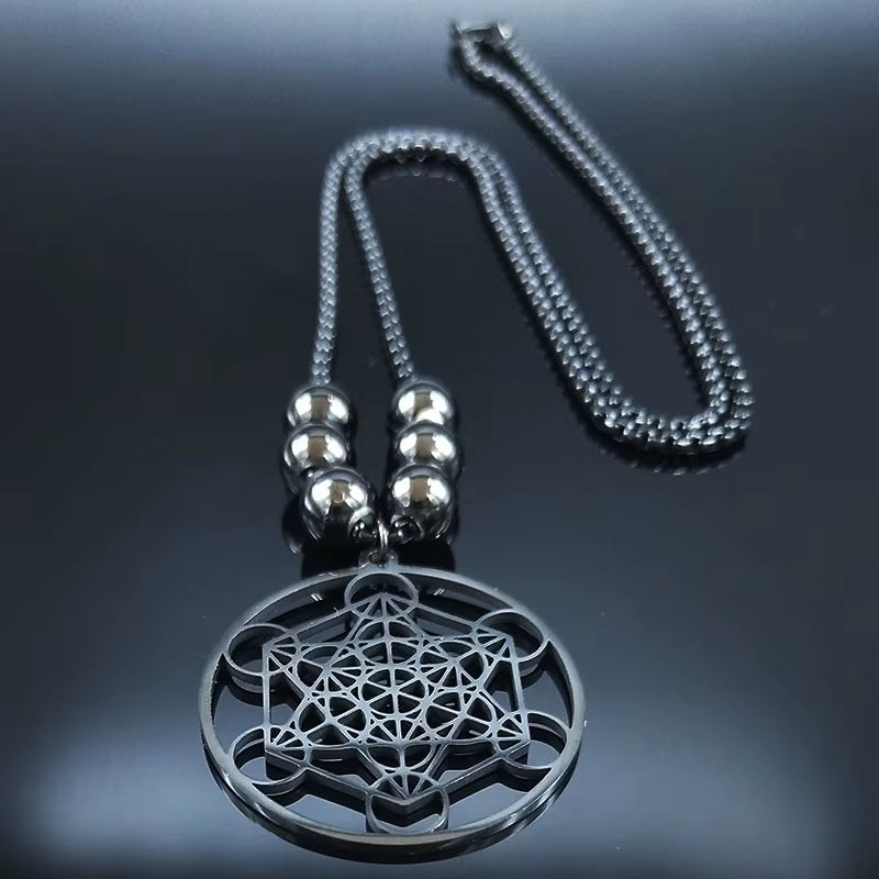 2024 Flower of Life Yoga Stainless Steel Necklaces for Men Black Color Bead Chain Necklace Jewerly Colgante Hombre N620S03