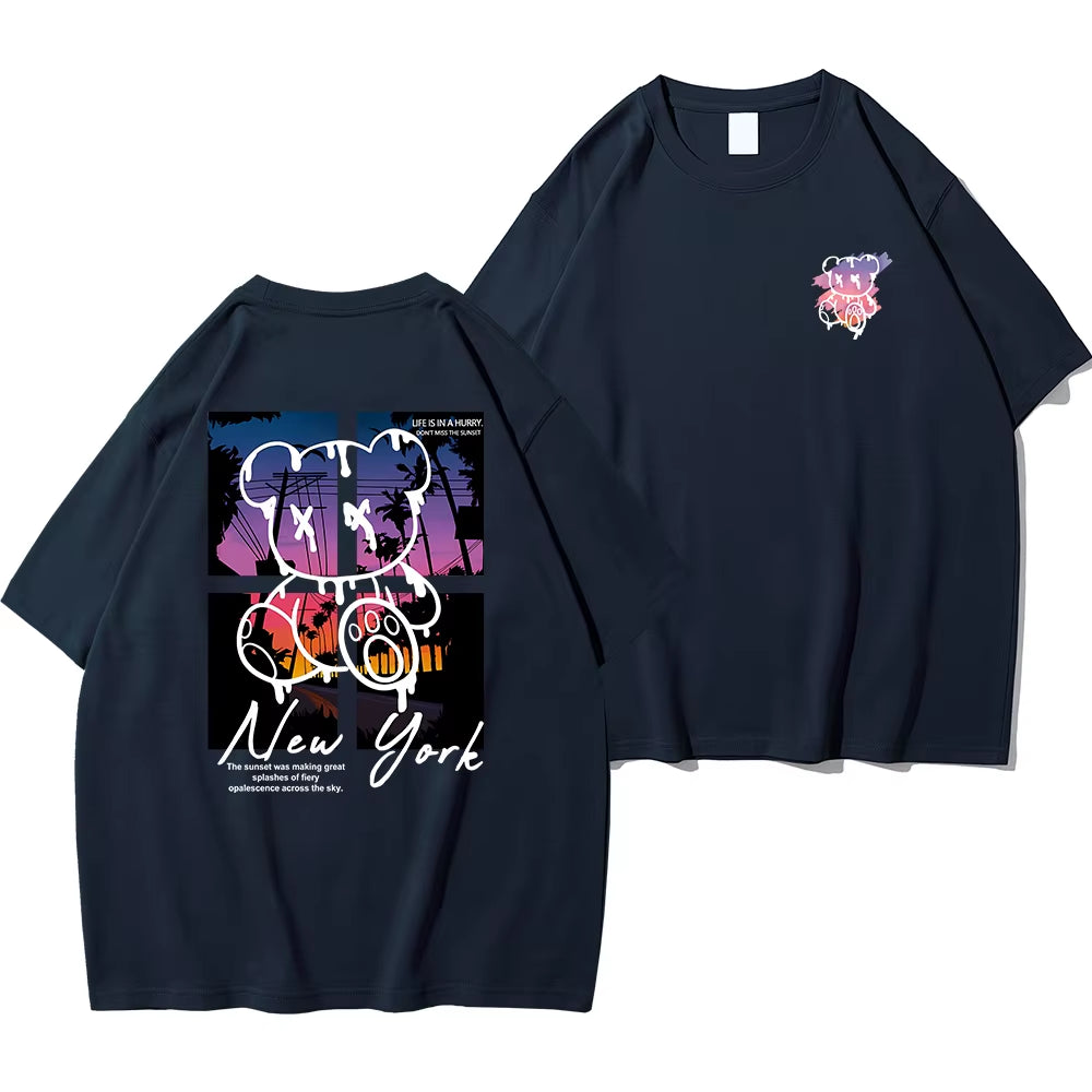 New York Art Word Cartoon Bear Sunset Scenery Design T Shirts Men Fashion Cotton Shirt Loose Summer T Shirts Oversized Tee