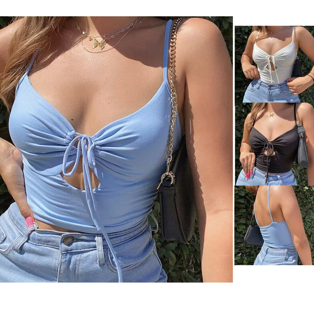 Women Lace-Up Camisole Y2K Hollow Out Crop Top Summer Thin Sexy Backless Spaghetti Strap Vest V-Neck Tanks Top Sleeveless