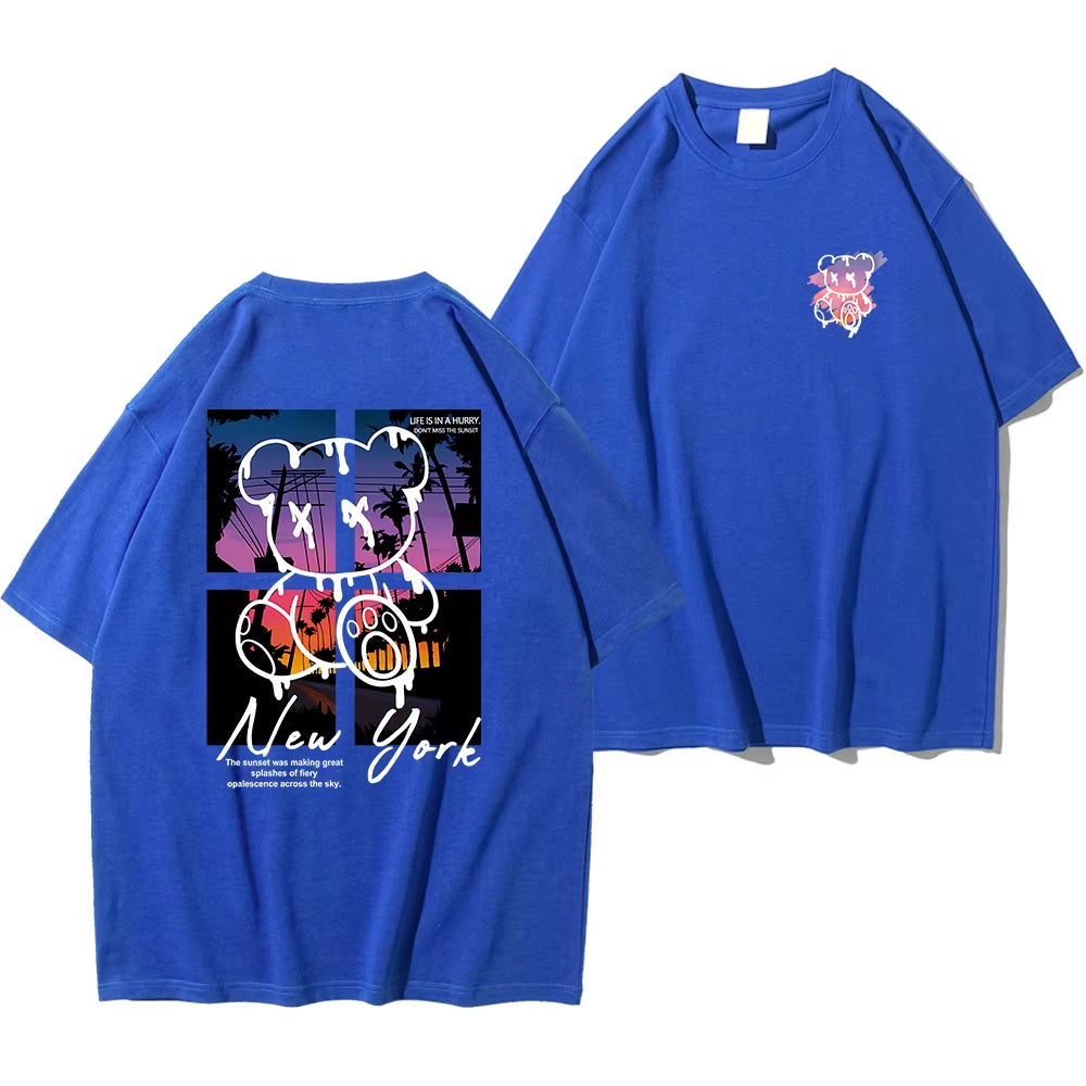 New York Art Word Cartoon Bear Sunset Scenery Design T Shirts Men Fashion Cotton Shirt Loose Summer T Shirts Oversized Tee