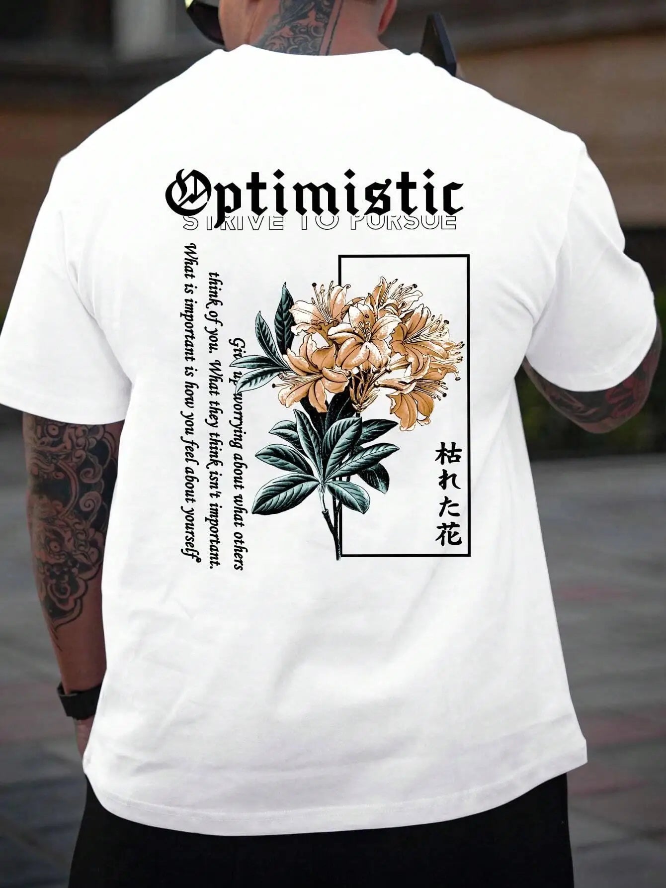 Optimistic Strive to Porsue Harajuku Flower Printing Male Tshirt Oversized Loose T Shirts Cotton T Shirts Breathable T-Shirts