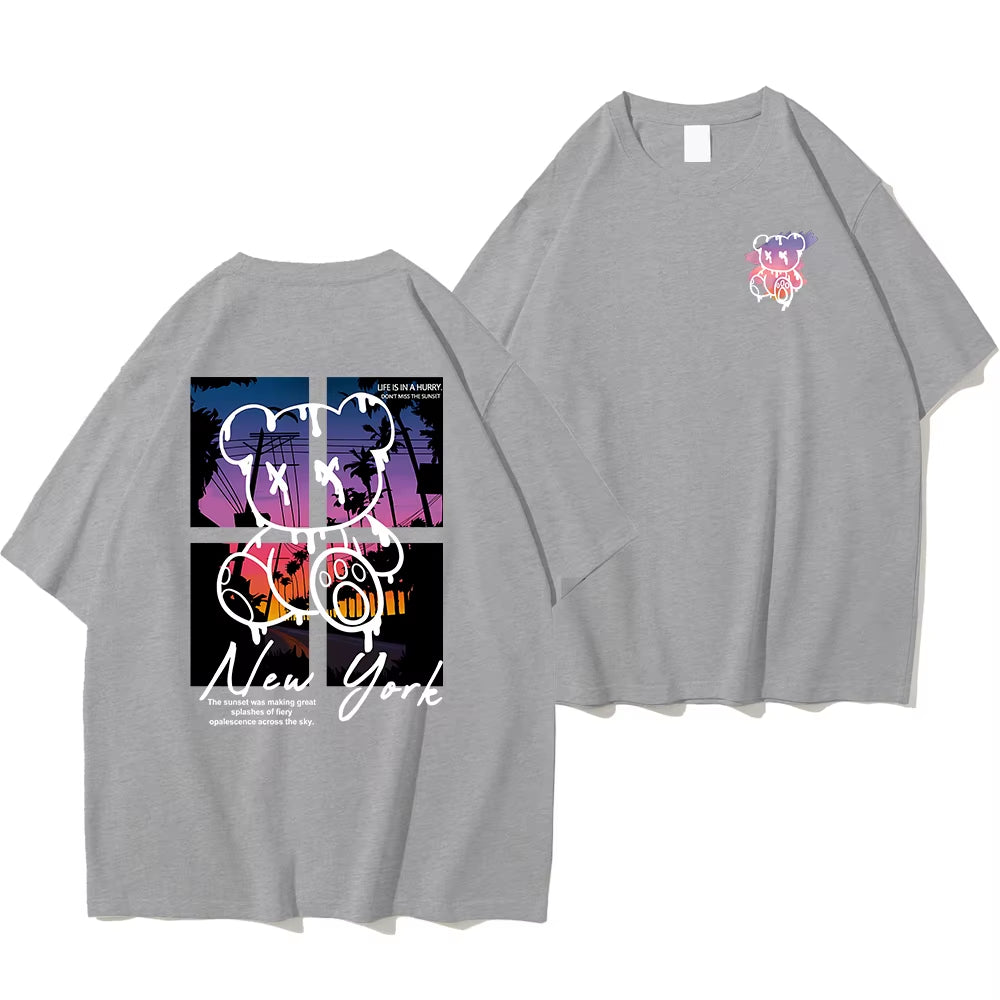 New York Art Word Cartoon Bear Sunset Scenery Design T Shirts Men Fashion Cotton Shirt Loose Summer T Shirts Oversized Tee