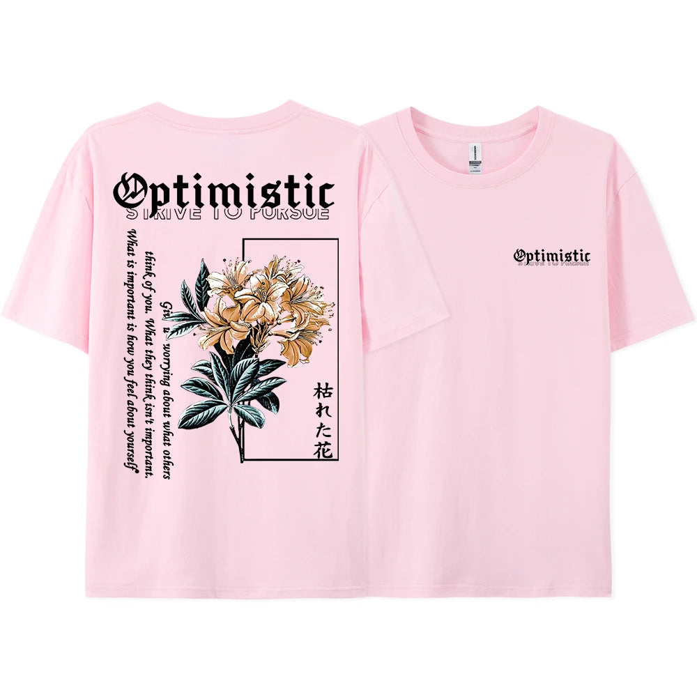 Optimistic Strive to Porsue Harajuku Flower Printing Male Tshirt Oversized Loose T Shirts Cotton T Shirts Breathable T-Shirts