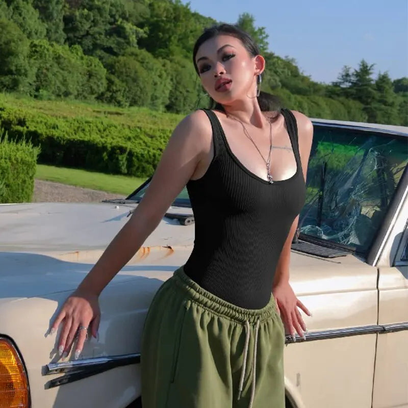 CZGUKE Women Bodysuits Sexy Ribbed Sleeveless Square Neck Sleeveless One Piece Tank Tops Bodysuits