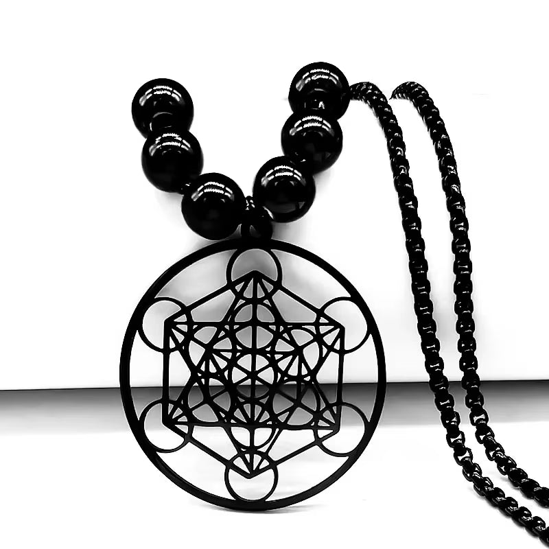 2024 Flower of Life Yoga Stainless Steel Necklaces for Men Black Color Bead Chain Necklace Jewerly Colgante Hombre N620S03