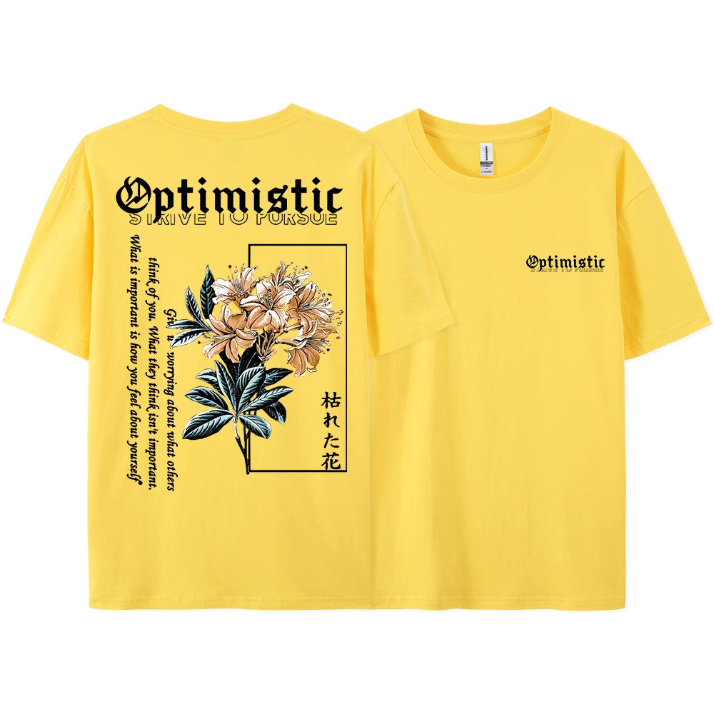 Optimistic Strive to Porsue Harajuku Flower Printing Male Tshirt Oversized Loose T Shirts Cotton T Shirts Breathable T-Shirts
