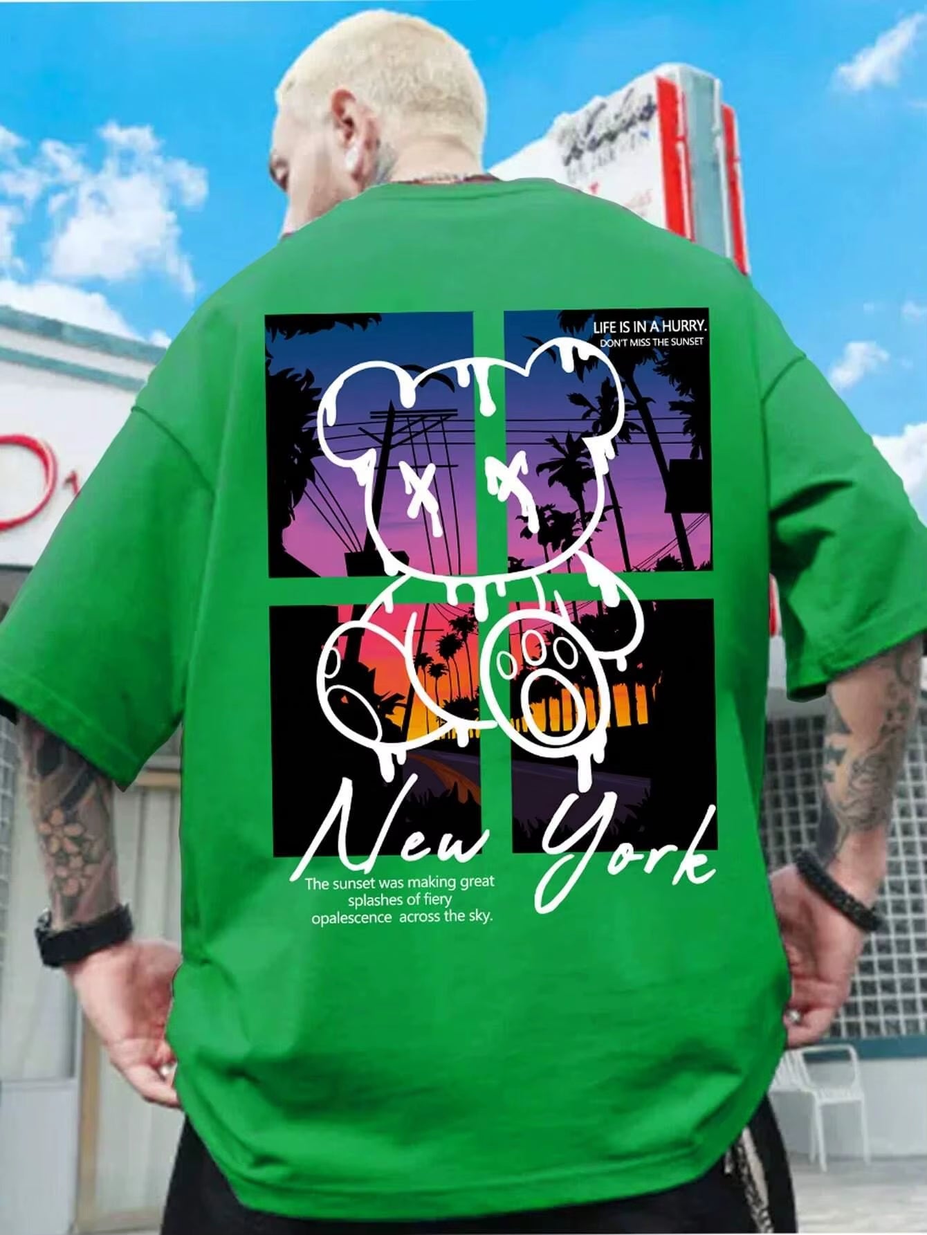 New York Art Word Cartoon Bear Sunset Scenery Design T Shirts Men Fashion Cotton Shirt Loose Summer T Shirts Oversized Tee